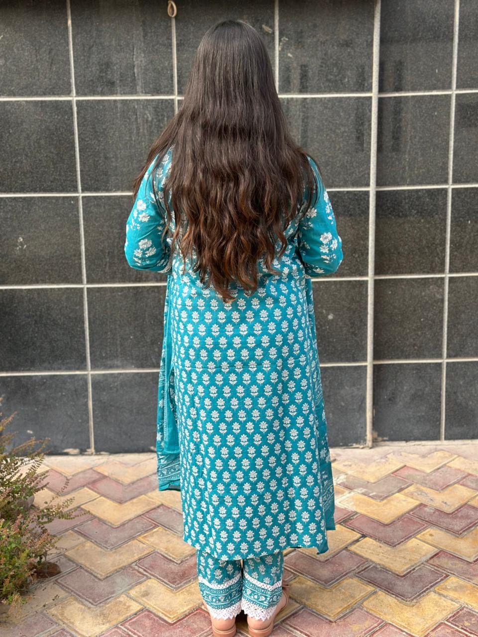 Aarohi Cotton Kurta Set with dupatta & pants Lacework - Sky