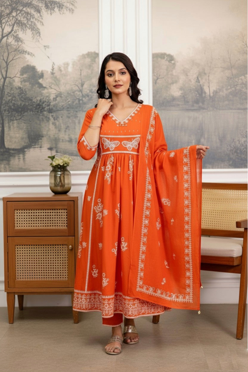 Floral Cotton Kurti Pant Dupatta Set – Thread & Lace Orange