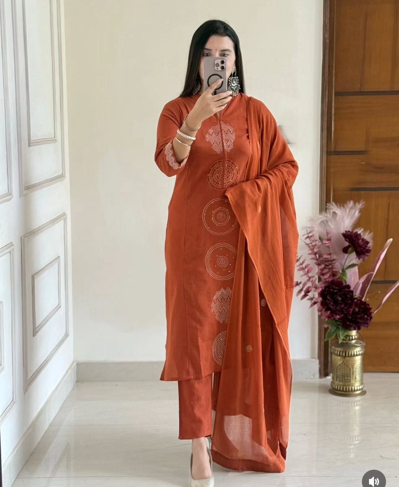 Amayra Cotton Kurta Embroidery Work Kurti Pant And Dupatta - Rust Orange