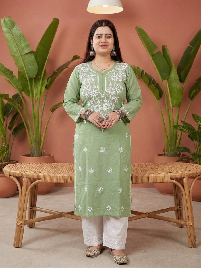 Chikankari Modal Kurti Green