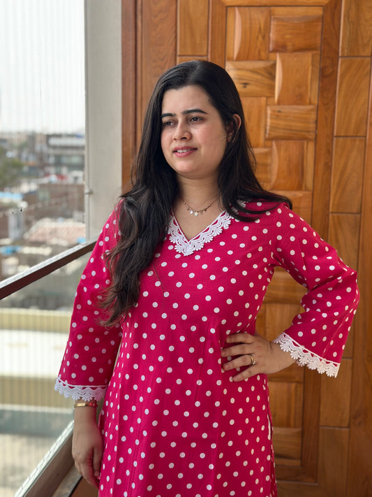Gulmohar Cotton kurti for women polka dot pink