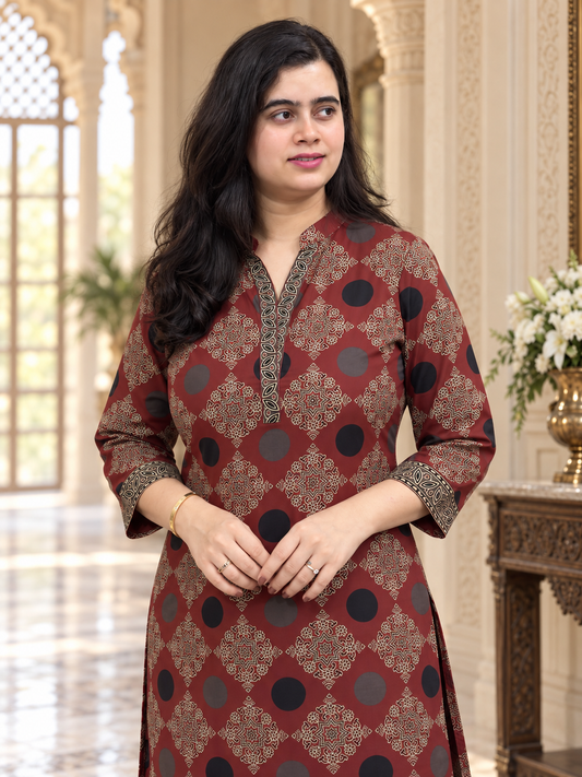 Madhubani pure cotton kurti for women( maroon)