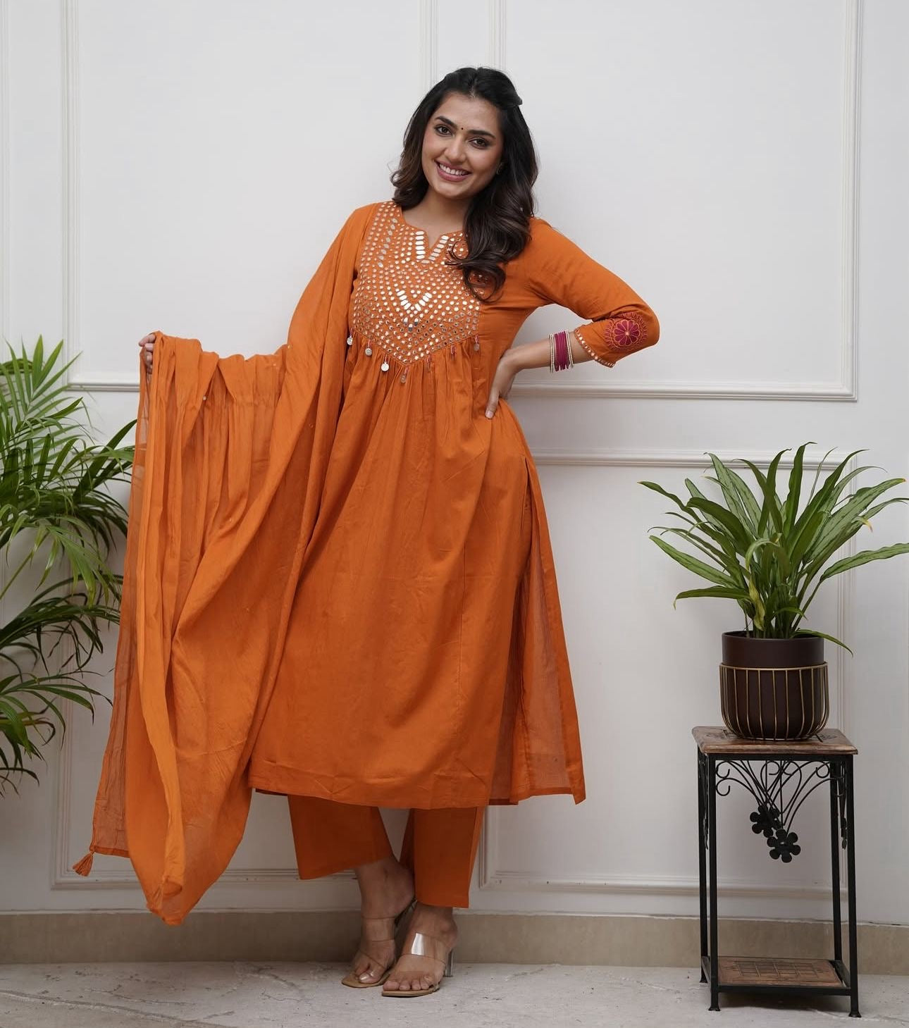Orange Cotton Kurti Pant Dupatta Set – Threadwork & Mirror Work