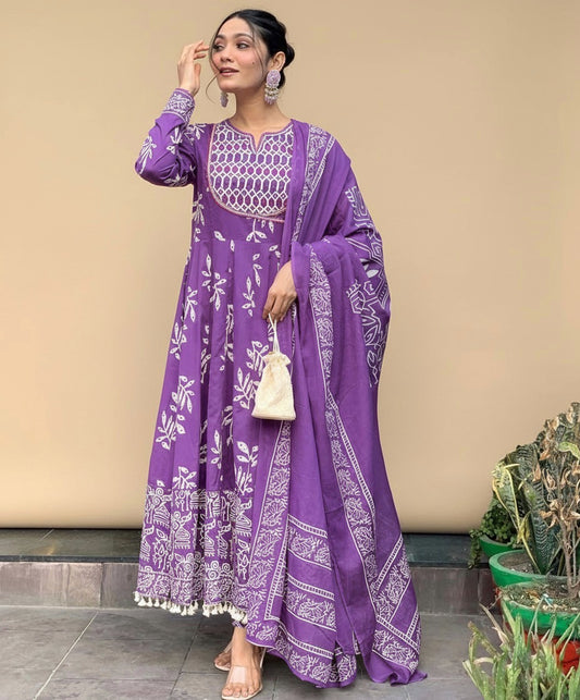 Amayra Cotton Embroidered Work Kurti Pant & Dupatta - Purple