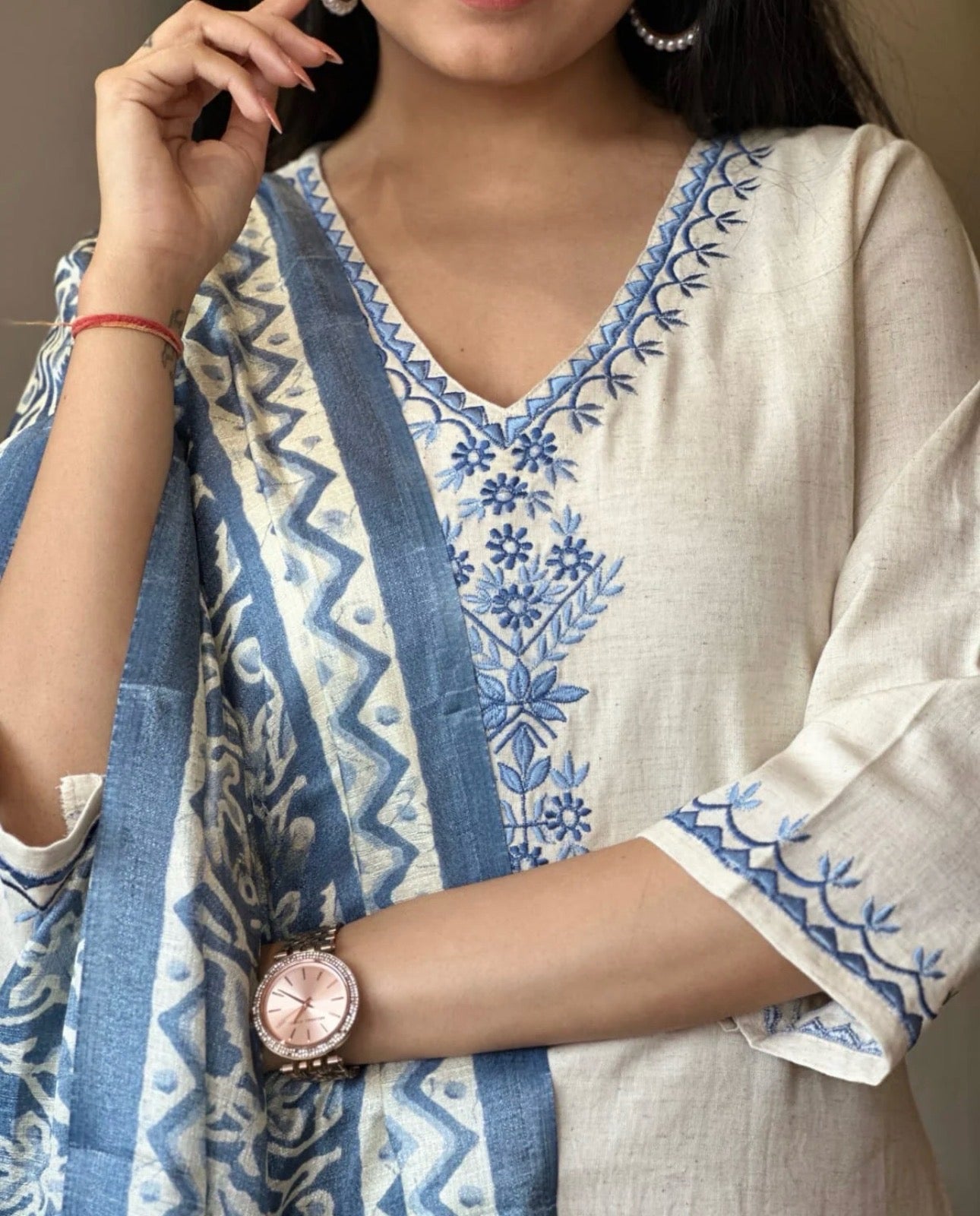 Off White Embroidered Cotton Flex Suit Set with Cotton Silk Dupatta