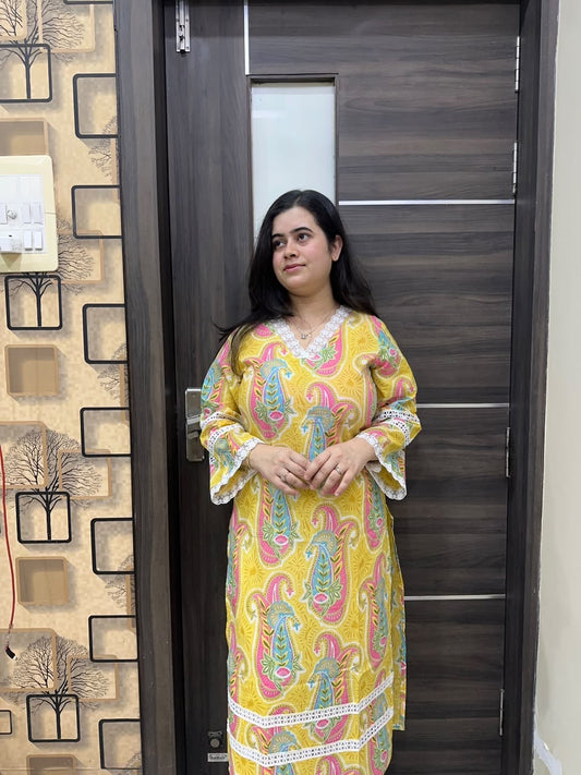 Sunehri pure cotton kurti for women yellow