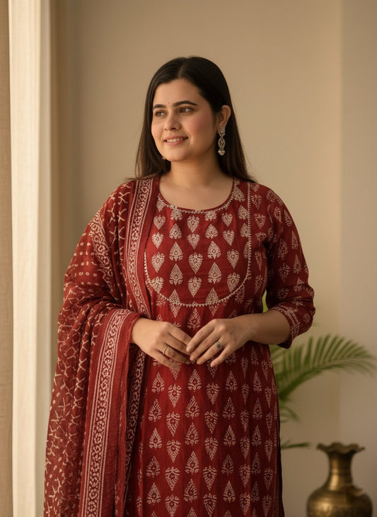 Red Bagru Cotton Suit
