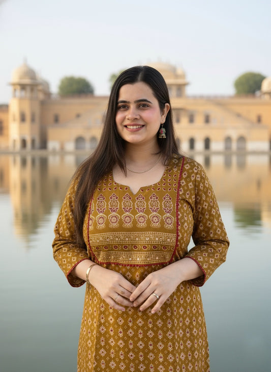 Airy Cotton Arjakh Kurti for women mustard