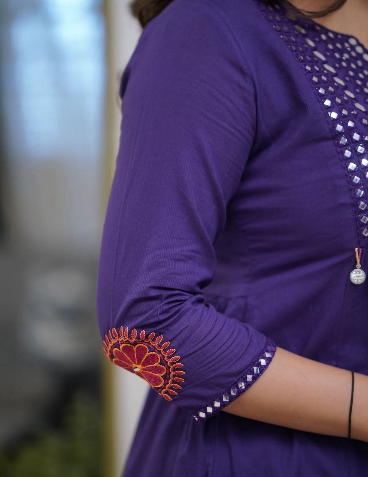 Deep Purple Cotton Kurti Pant Dupatta Set – Threadwork & Mirror Work