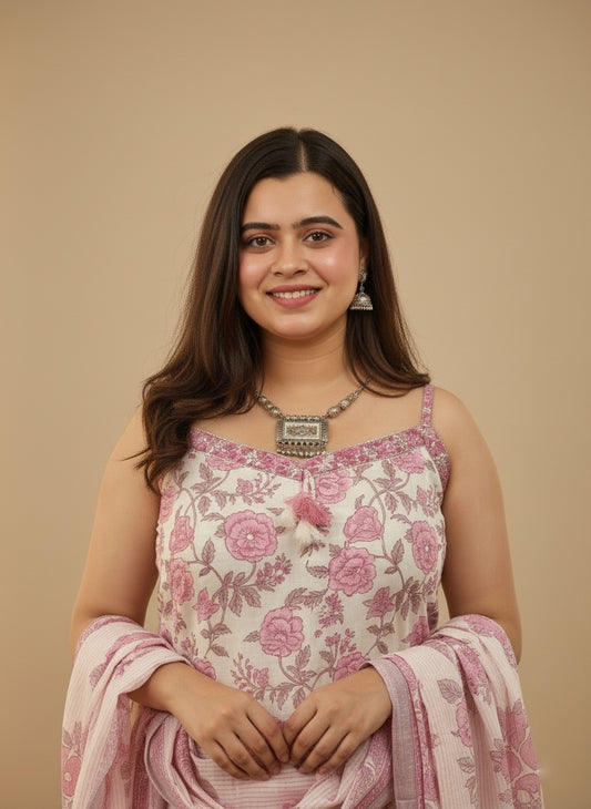 Sleeveless Thread Work Cotton Suit For Women