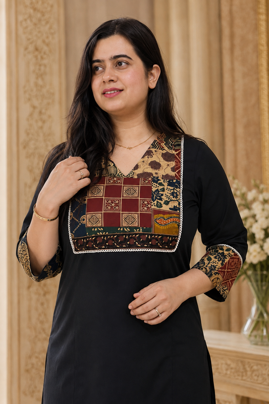 Mehar premium cotton kurti black kalamkari