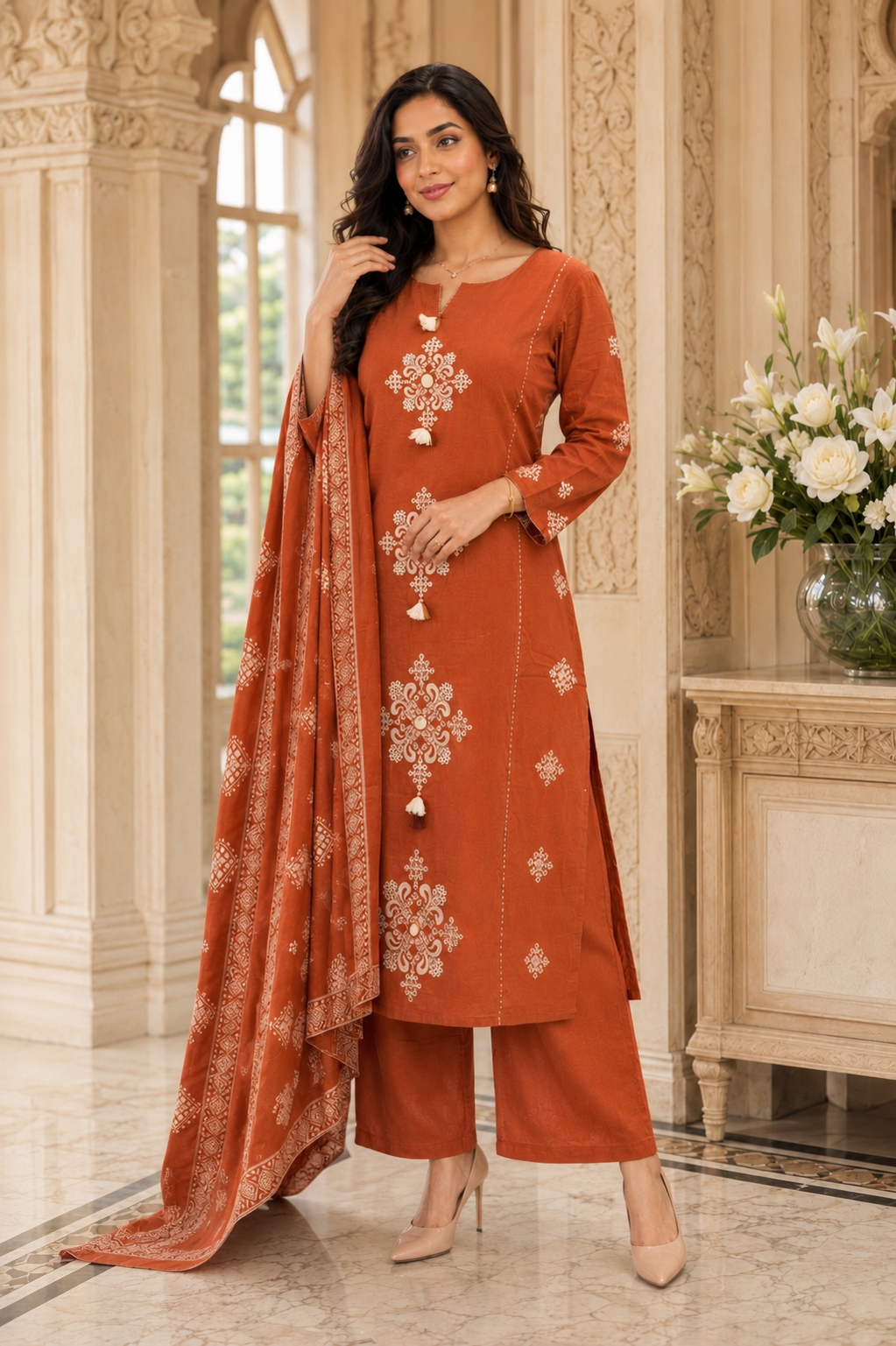 Noor thread work cotton kurta set with pants & dupatta