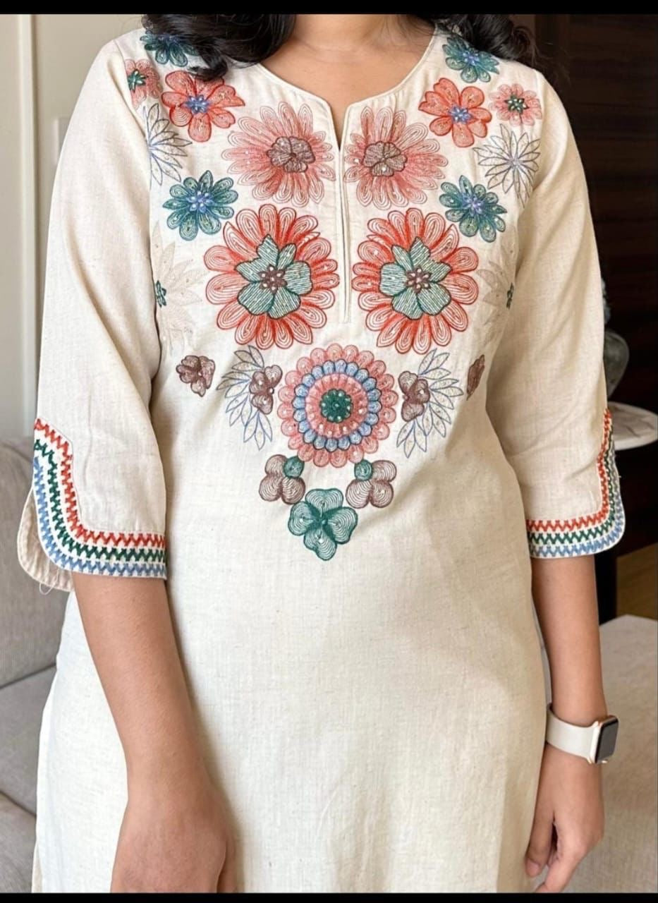 Off White Embroidered Cotton Flex Kurta Set
