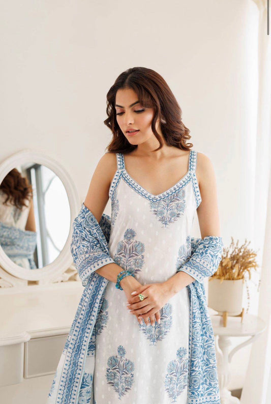 White Block Printed Cotton Cut Sleeves Kurti Pant And Dupatta Set