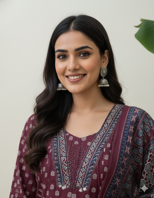 Mehar Anarkali Cotton Kurti Pant Dupatta Set – Thread & Lace Work (Only Pre-booking)