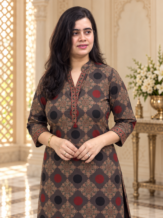 Madhubani pure cotton kurti for women( grey)