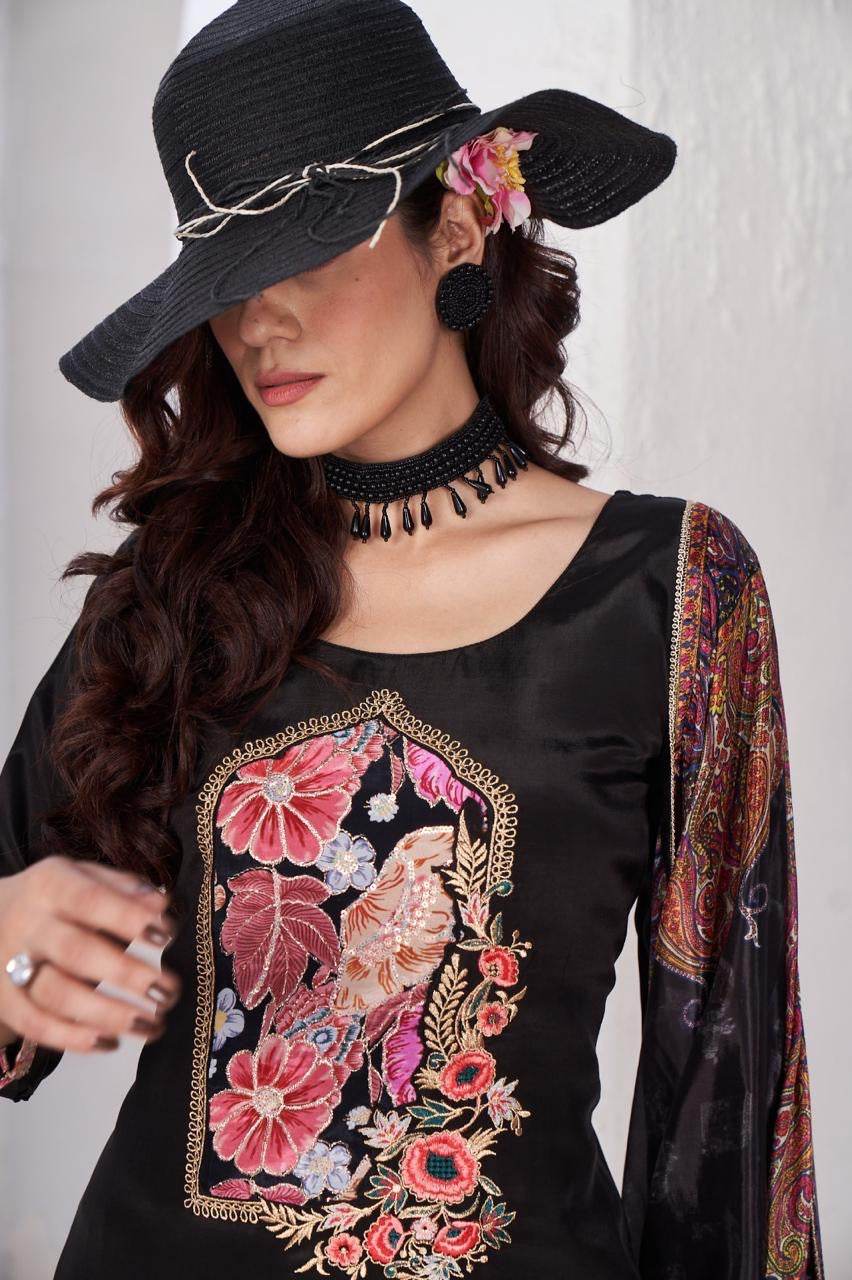 Soft Crepe Silk Suit For Women Black - Vijay Laxmi