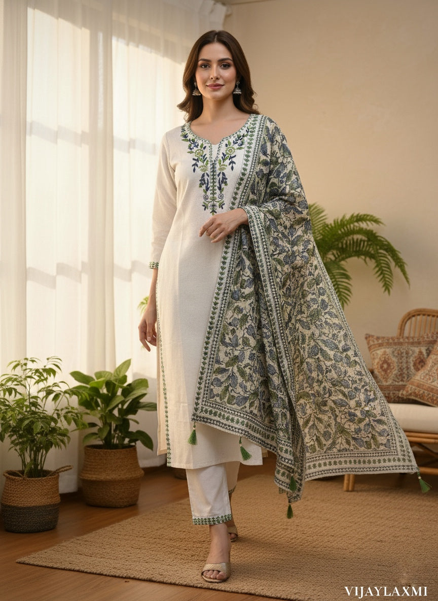 Off White Embroidered Cotton Flex Suit Set with Cotton Silk Dupatta