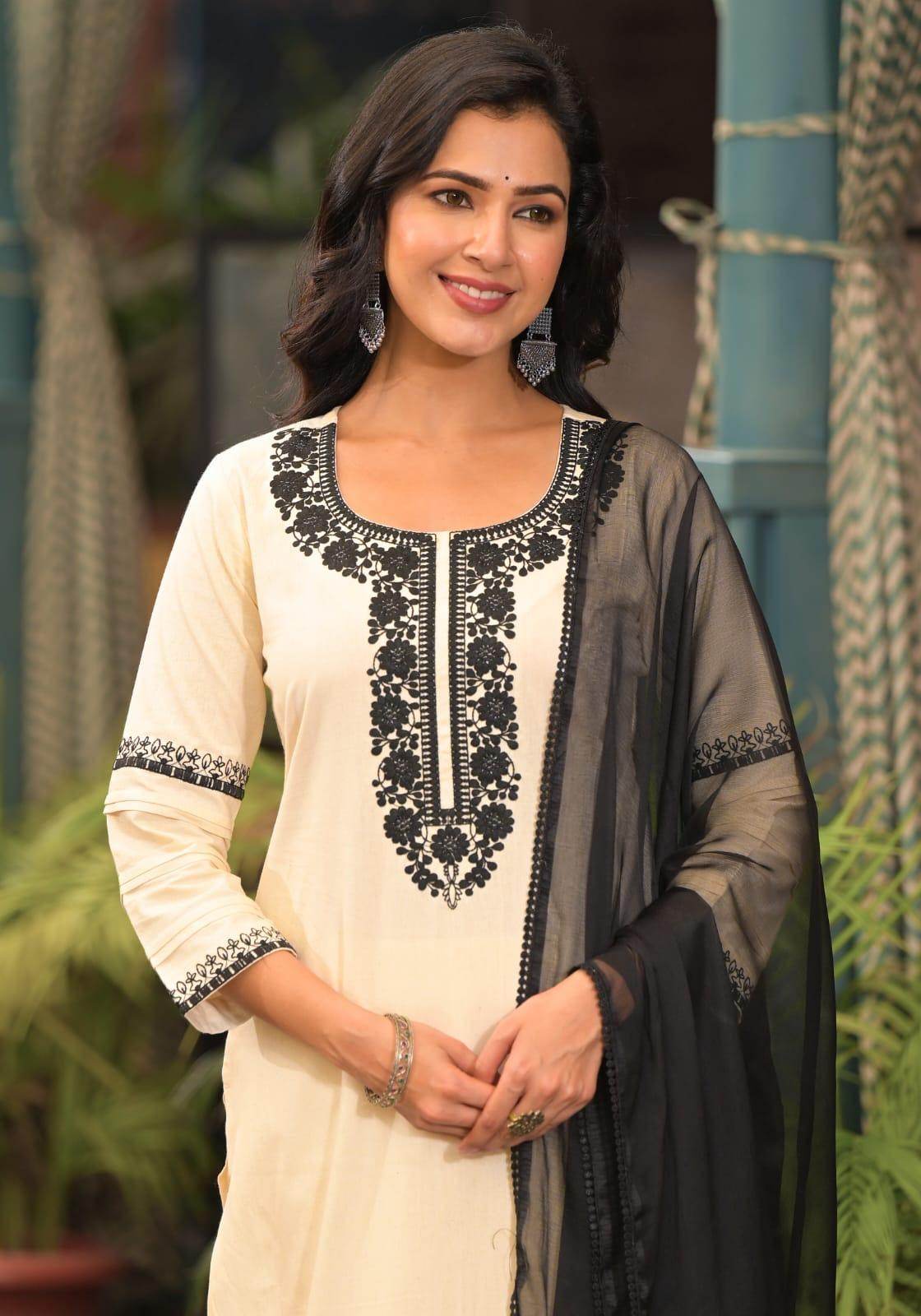 Cotton Kurta Set for Women Mehar Offwhite - Vijay Laxmi