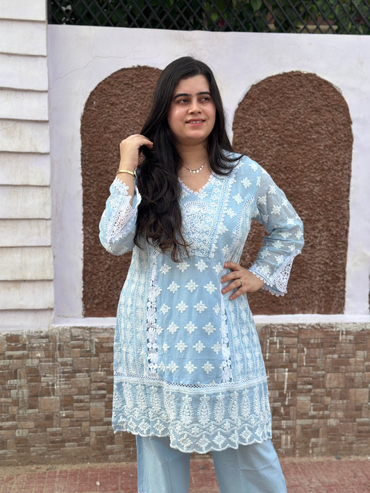 Gulmohar Chikankari Cotton Cord Set for women blue