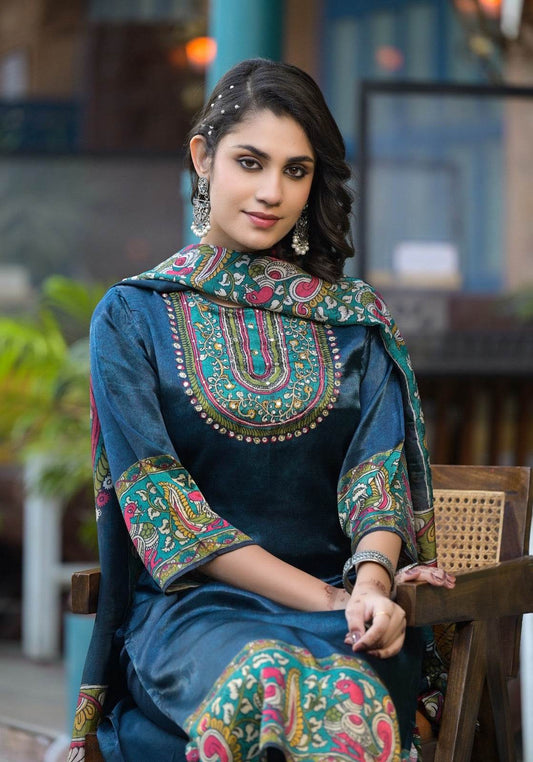 Soft Gajji Silk Suit For Women Peacock - Vijay Laxmi