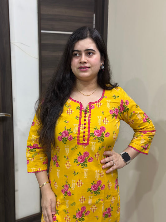 Noor Floral cotton Kurta & Pant Yellow