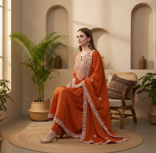 Premium Cotton Designer Thread Embroidered Anarkali Suit Set