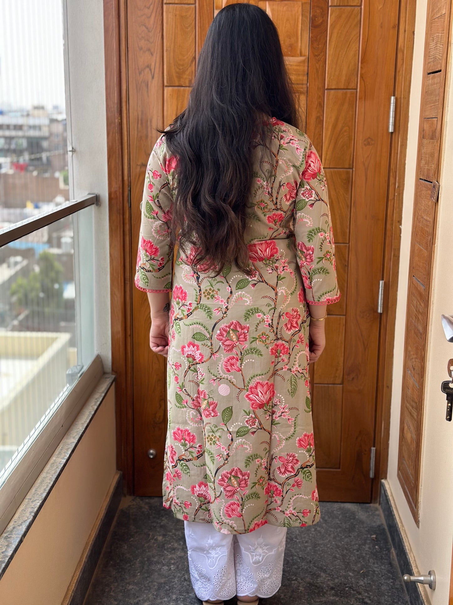 Gulmohar Cotton kurti for women Kalamkari beige