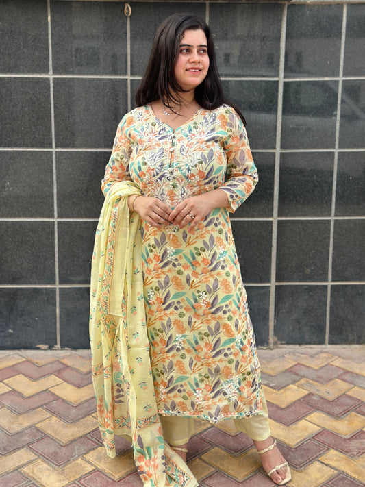 Gulmohar Mulmul Cotton kurta Set with pant & dupatta