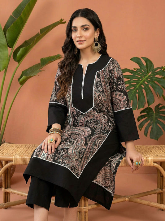 Airy Cotton Kalamkari kurti for women- Black Pakistani pattern
