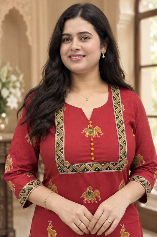 Madhubani Cotton kurta set for women red