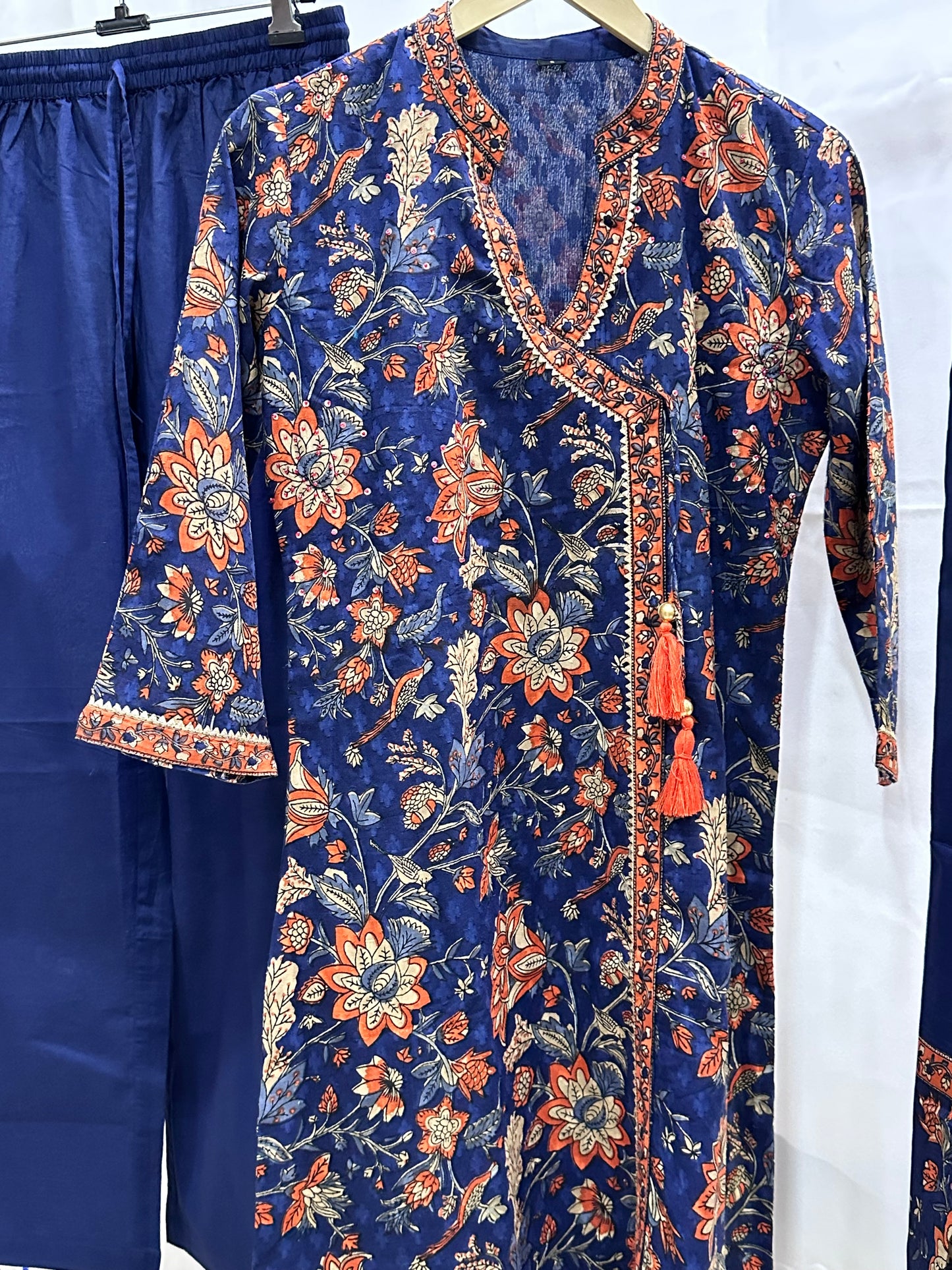 Angrakha Floral cotton suit with lining, Pant & Dupatta