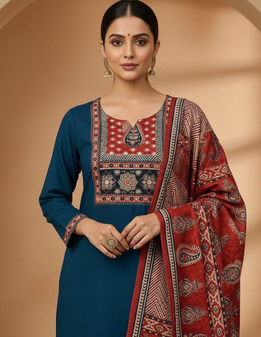 Blue Arjakh Cotton Kurti Pant Dupatta Set – Thread & Lace
