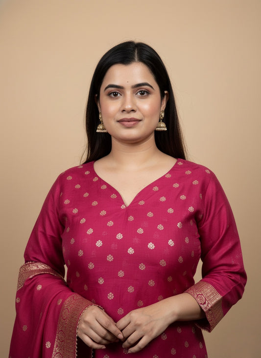 Rani Banarasi Silk Suit Set for Women- Kurta, Pant & Dupatta