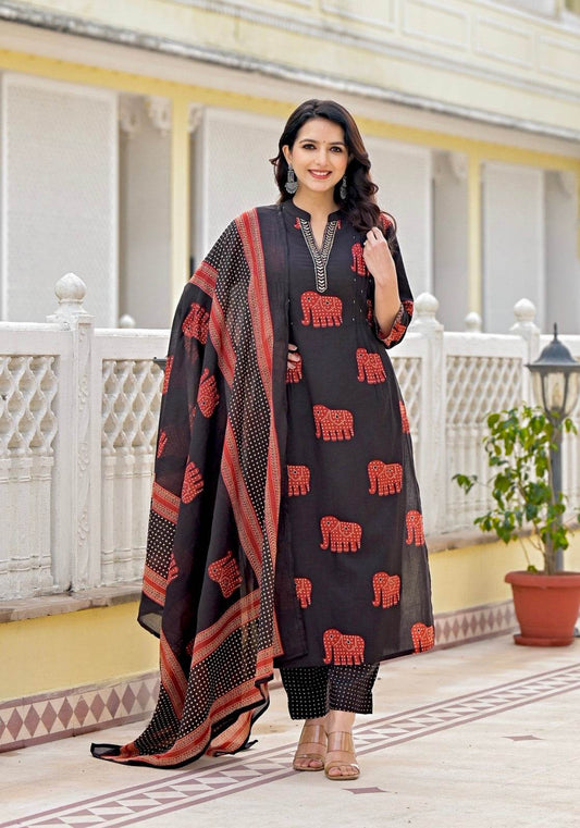 Vijaylaxmi Women’s Cotton straight kurta with Pant & Dupatta - Vijay Laxmi