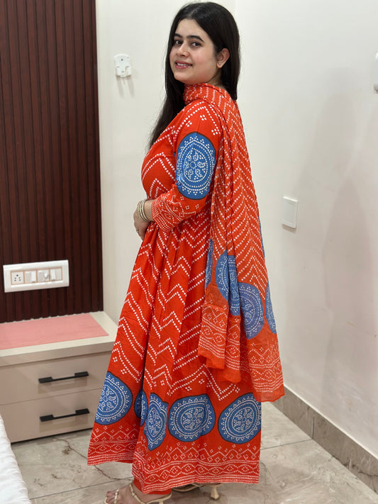Gulzar Bandhani Anarkali Cotton kurta Set with dupatta Orange