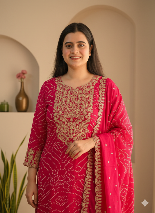 Maharani Handcrafted Bandhej Embroidery Suit Set Pink