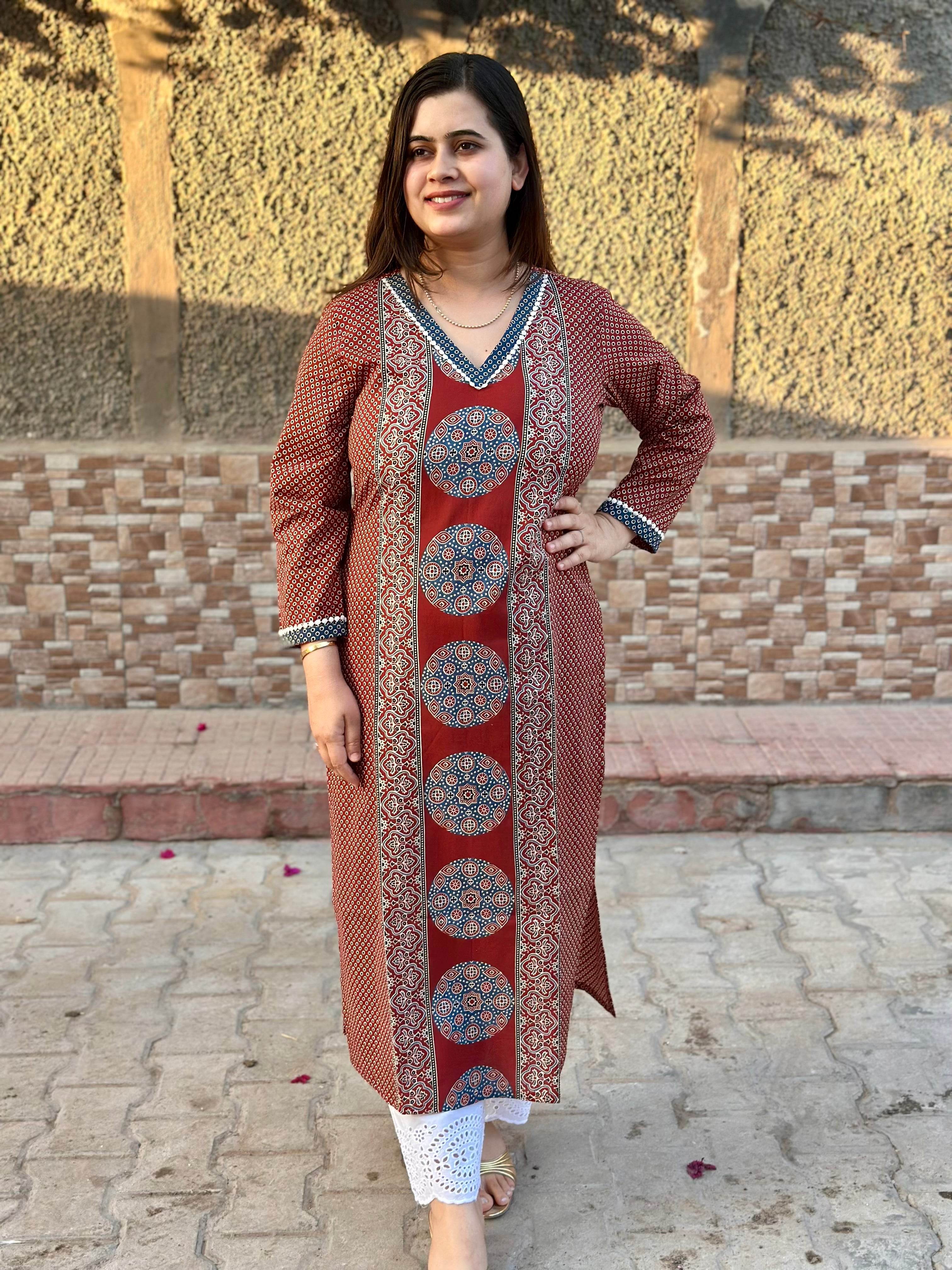 Airy Cotton Kurti for women ajrakh - Vijay Laxmi
