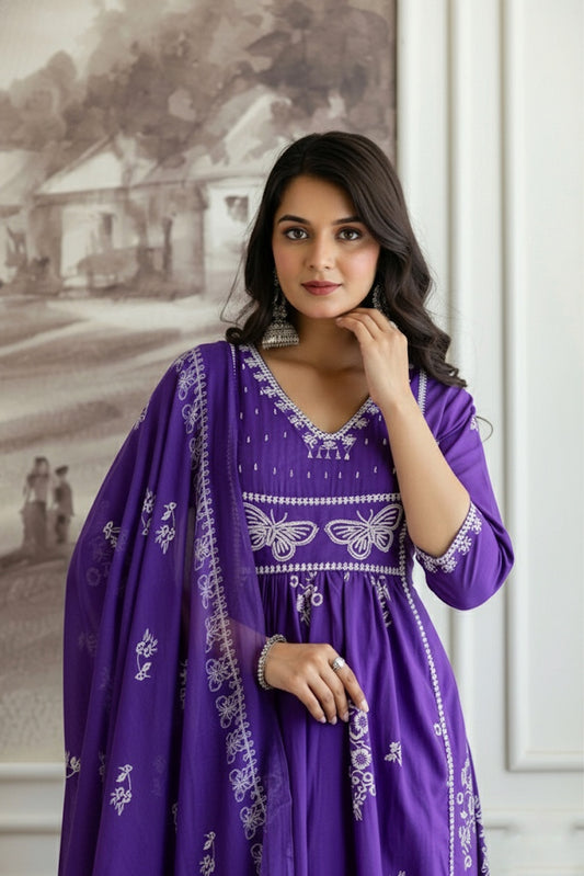 Floral Cotton Kurti Pant Dupatta Set – Thread & Lace Purple