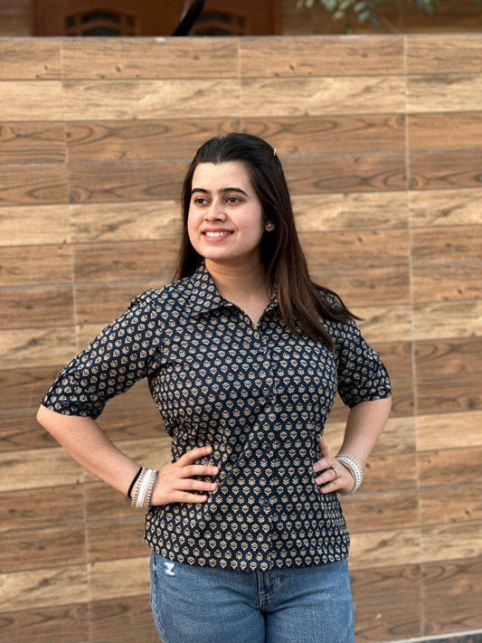 Printed Cotton Crop Shirt - Vijay Laxmi