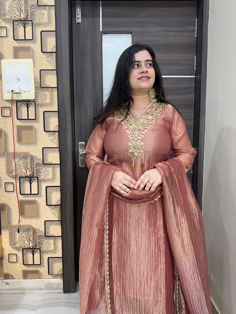 Nazara Dusty Rose Tusser Silk Embroidered Suit Set with Cotton Lining