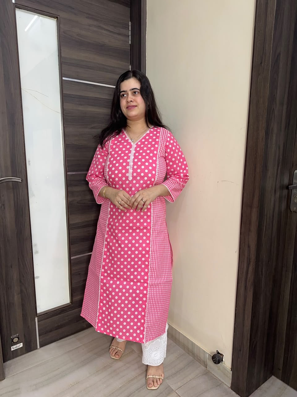 Navya pure cotton kurti for women polka pink