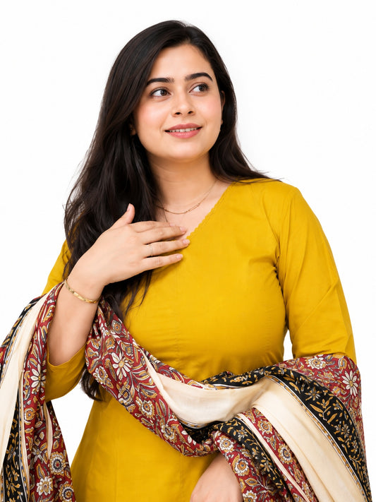 Gulzar Yellow Kurta set with pant & kalamkari dupatta