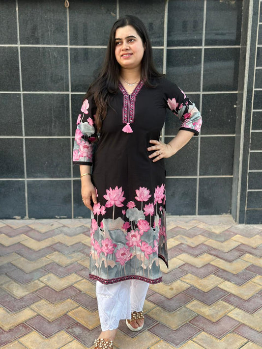 Airy Cotton Floral kurti for women- Black