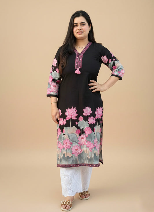 Airy Cotton Floral kurti for women- Black
