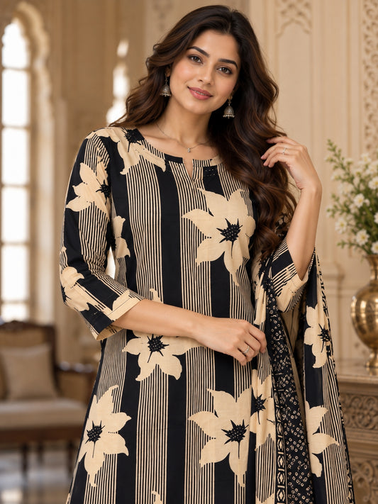 NAZAKAT cotton kurta set with pants & dupatta black