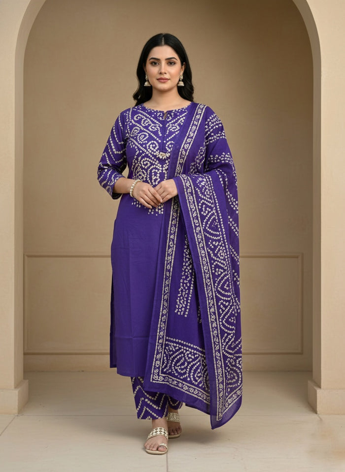 Amayra Cotton Kurta Embroidery Work Kurti Pant And Dupatta -purple