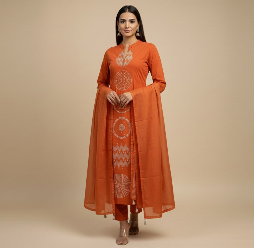 Amayra Cotton Kurta Embroidery Work Kurti Pant And Dupatta - Rust Orange