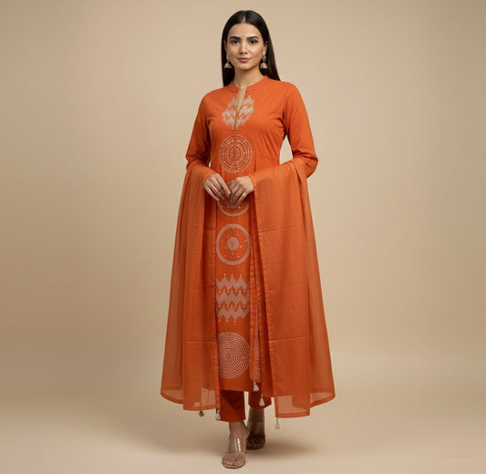 Amayra Cotton Kurta Embroidery Work Kurti Pant And Dupatta - Rust Orange