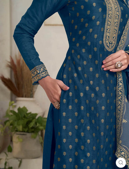 Dark Blue Dola Jacquard Banarasi Suit Set - Vijay Laxmi
